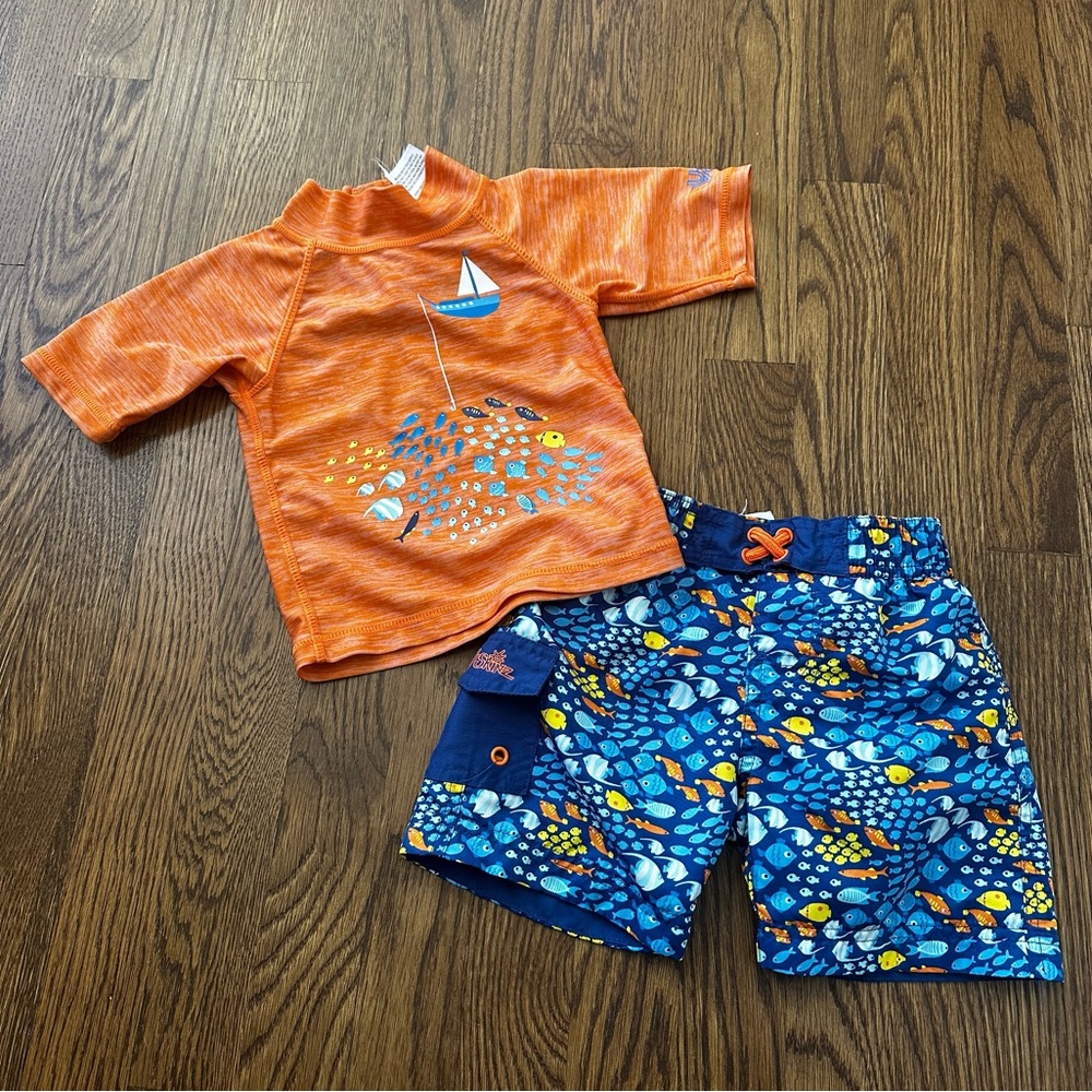UV Skinz Swim Suit Rashguard Set - Orange and Blue Fish, size 12-18M